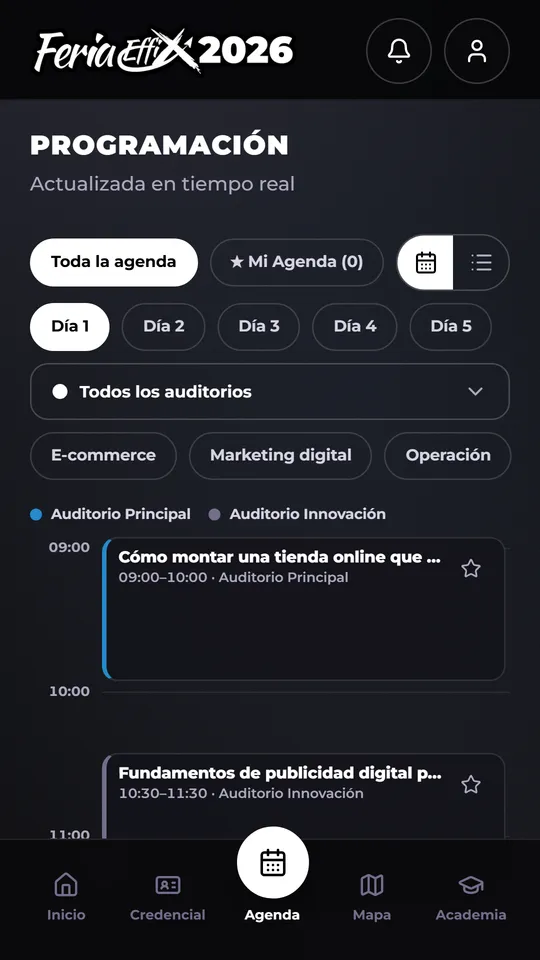 Pantalla real de Programación: charlas por día y auditorio, con Mi Agenda.
