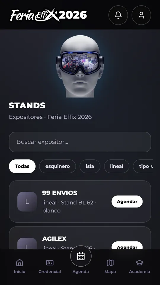 Pantalla real de Stands: buscador de expositores con filtros y botón Agendar.