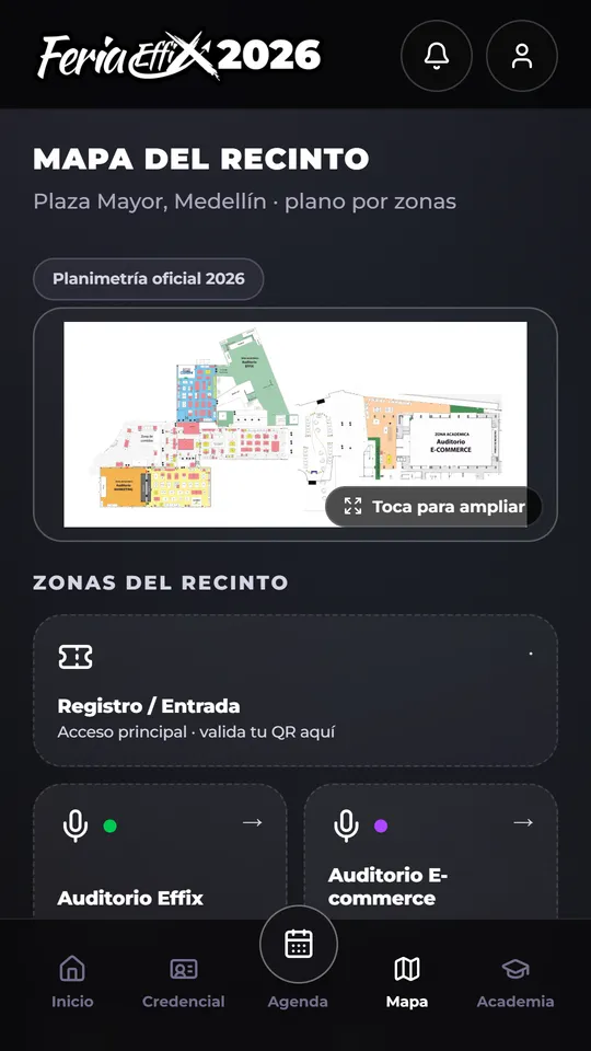 Pantalla real del Mapa del recinto con la planimetría oficial por zonas.